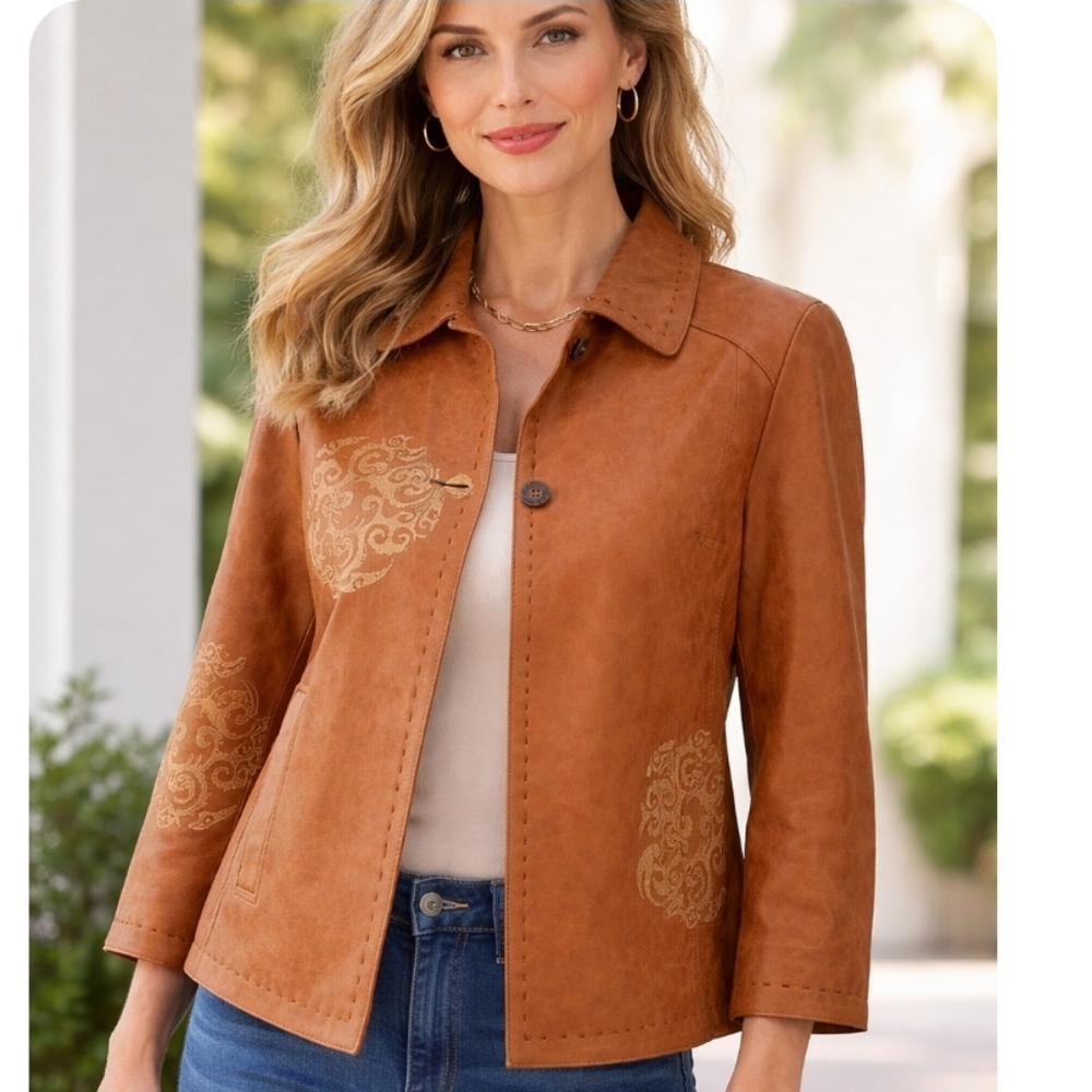 GENUINE LEATHER Medallion Print Camel Brown Swing Jacket Coldwater Creek MP